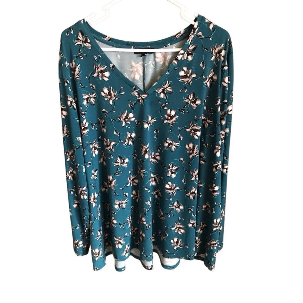 Lane Bryant plus Sz 22/24 teal Floral Blouse top shirt long sleeve V-neck